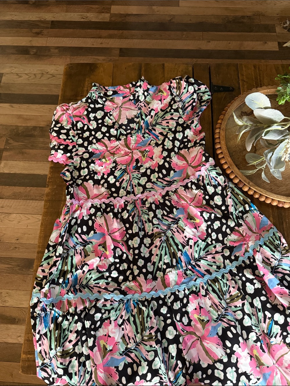 Girls' Black Floral Print Tiered Dress with Pink Accents